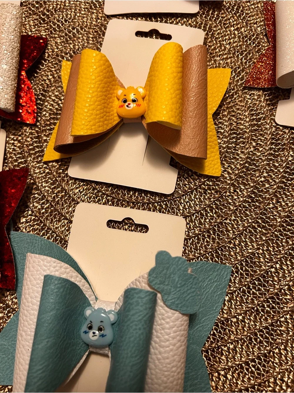 Hand Crafted Teal and White Bear Bow Hair Clip